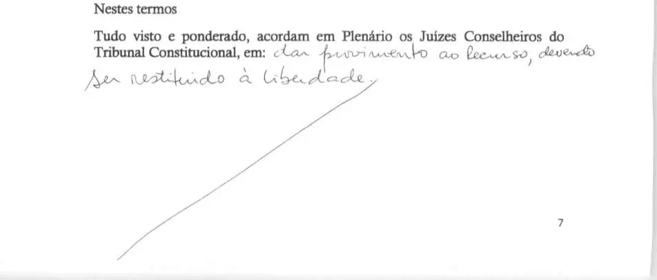 Parte decisória manuscrita do Acórdão n.º 550/2019
