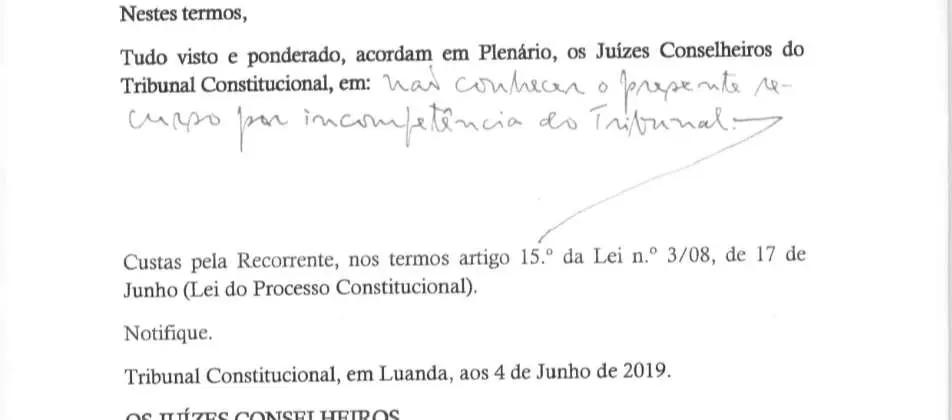 Parte decisória manuscrita do Acórdão n.º 555/2019