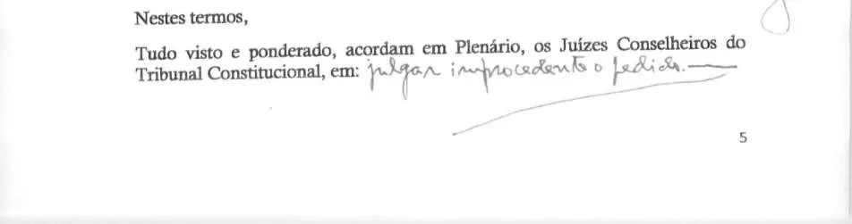 Parte decisória manuscrita do Acórdão n.º 556/2019
