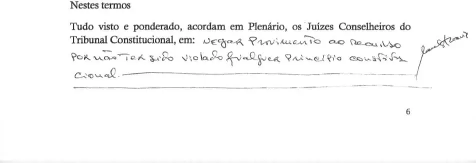 Parte decisória manuscrita do Acórdão n.º 558/2019