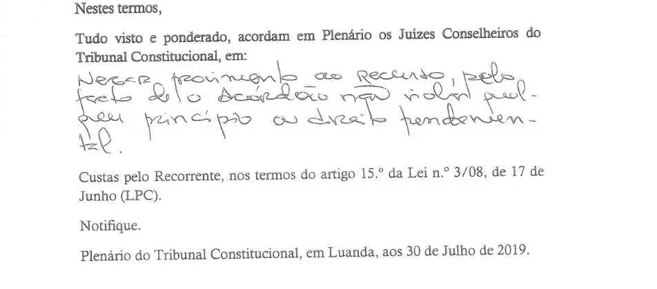 Parte decisória manuscrita do Acórdão n.º 561/2019