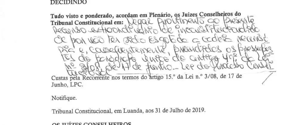 Parte decisória manuscrita do Acórdão n.º 563/2019