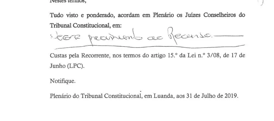 Parte decisória manuscrita do Acórdão n.º 566/2019
