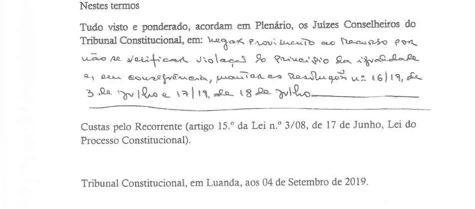 Parte decisória manuscrita do Acórdão n.º 568/2019