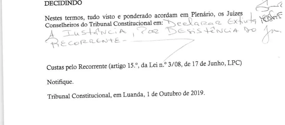 Parte decisória manuscrita do Acórdão n.º 569/2019
