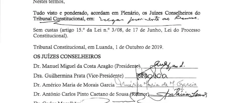 Parte decisória manuscrita do Acórdão n.º 570/2019