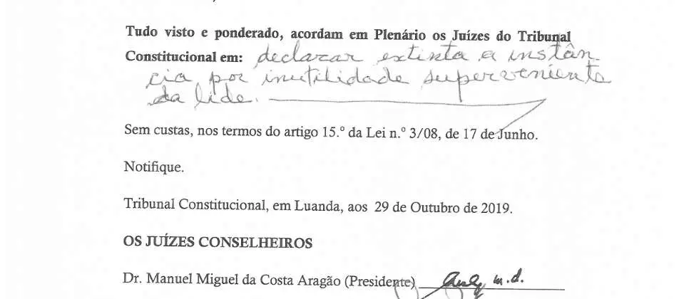 Parte decisória manuscrita do Acórdão n.º 577/2019