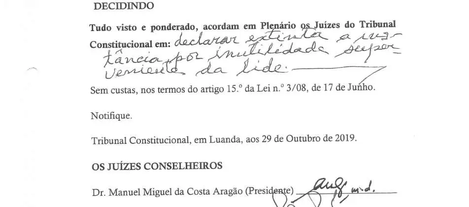 Parte decisória manuscrita do Acórdão n.º 578/2019
