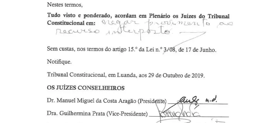 Parte decisória manuscrita do Acórdão n.º 580/2019