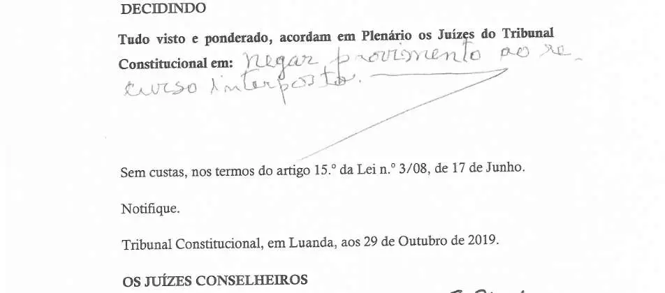 Parte decisória manuscrita do Acórdão n.º 581/2019