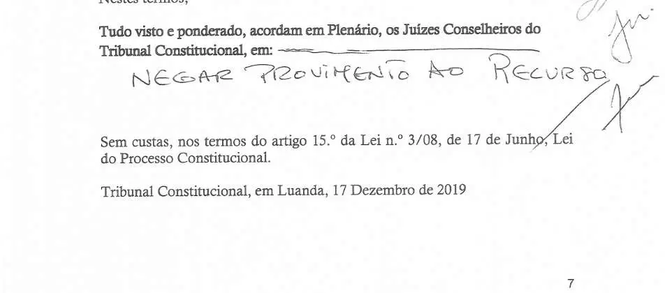Parte decisória manuscrita do Acórdão n.º 585/2019