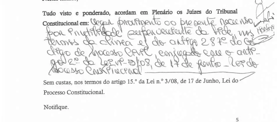 Parte decisória manuscrita do Acórdão n.º 590/2019