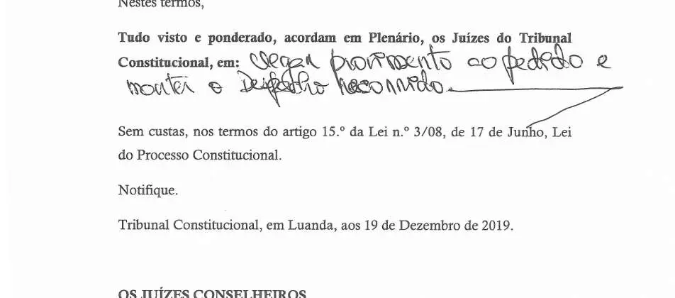 Parte decisória manuscrita do Acórdão n.º 591/2019