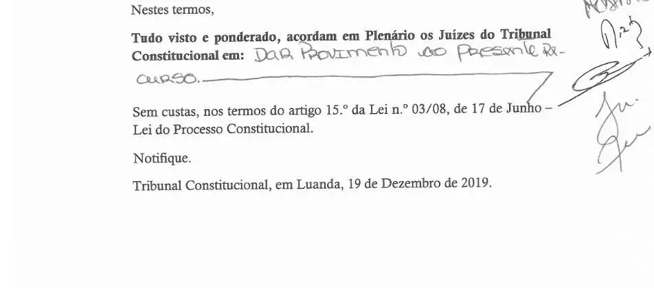 Parte decisória manuscrita do Acórdão n.º 593/2019