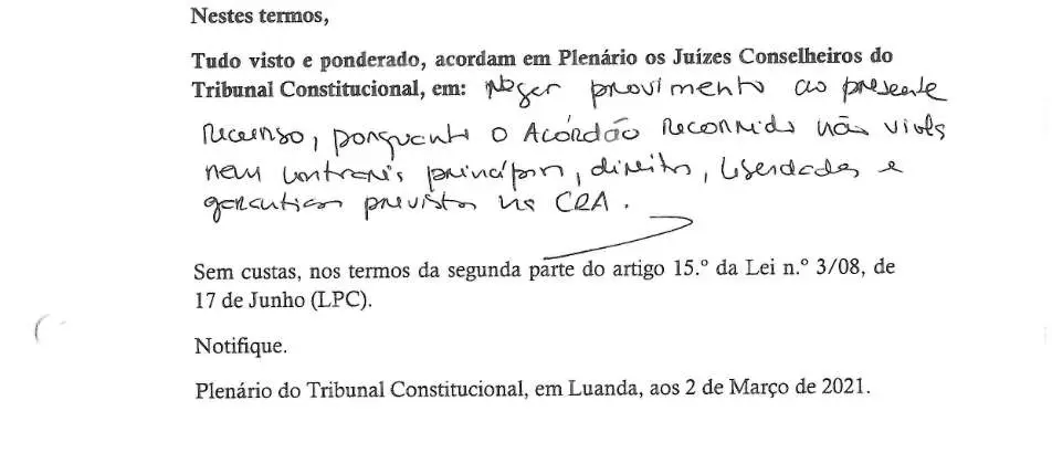 Parte decisória manuscrita do Acórdão n.º 665/2021