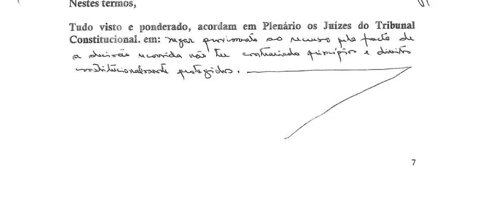 Parte decisória manuscrita do Acórdão n.º 668/2021