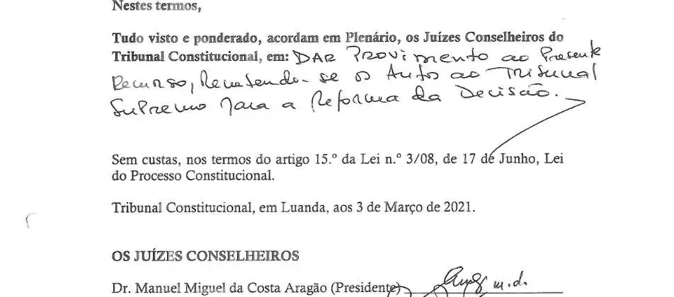 Parte decisória manuscrita do Acórdão n.º 669/2021