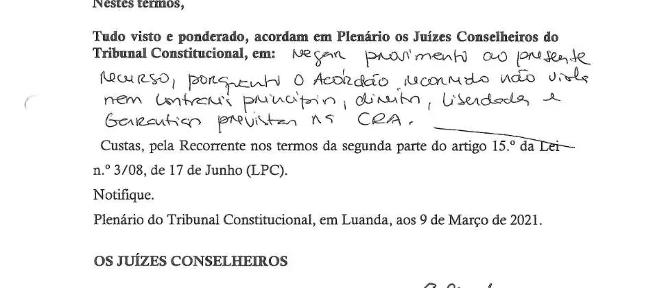 Parte decisória manuscrita do Acórdão n.º 671/2021