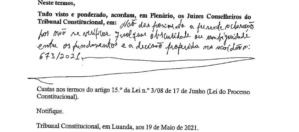 Parte decisória manuscrita do Acórdão n.º 680/2021