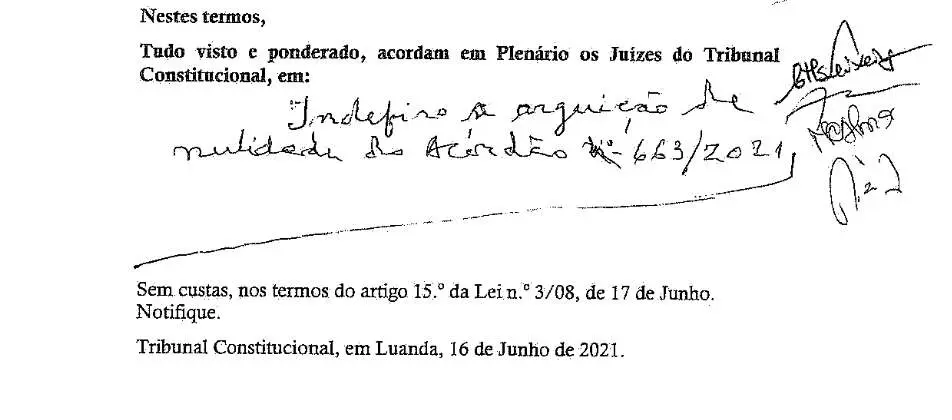 Parte decisória manuscrita do Acórdão n.º 687/2021