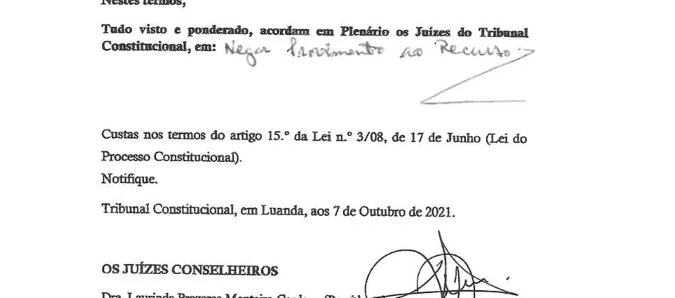 Parte decisória manuscrita do Acórdão n.º 702/2021