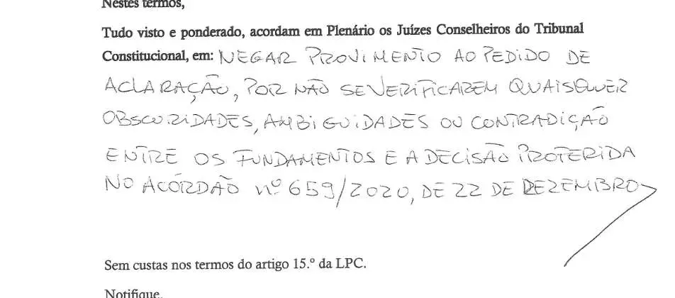 Parte decisória manuscrita do Acórdão n.º 705/2021