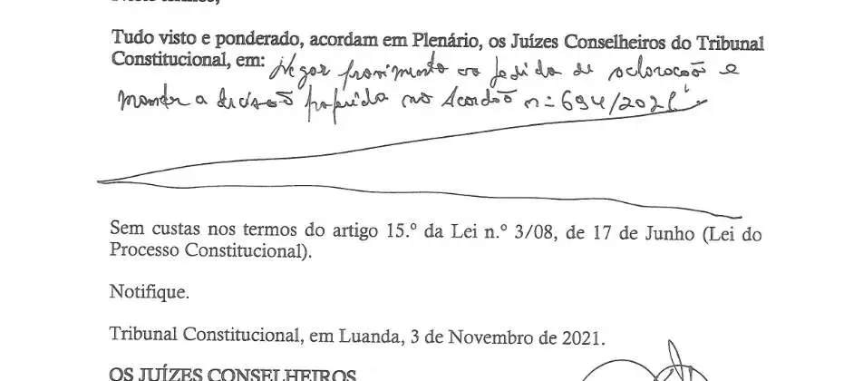 Parte decisória manuscrita do Acórdão n.º 706/2021