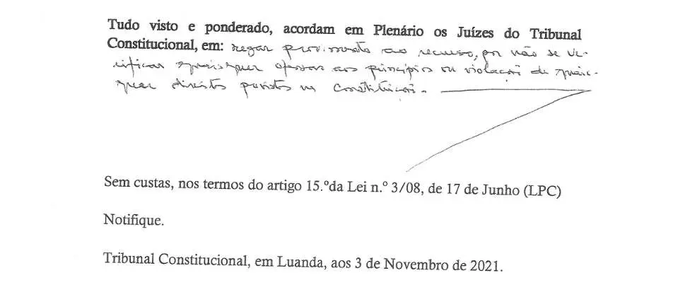 Parte decisória manuscrita do Acórdão n.º 707/2021