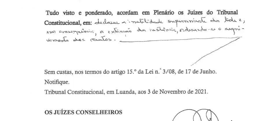 Parte decisória manuscrita do Acórdão n.º 708/2021
