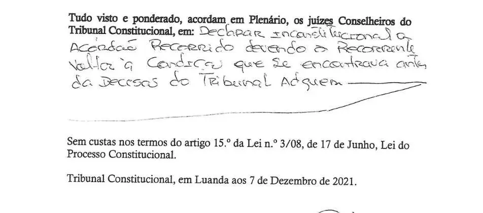 Parte decisória manuscrita do Acórdão n.º 713/2021