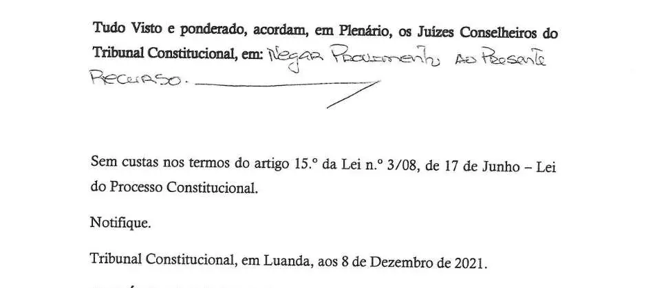 Parte decisória manuscrita do Acórdão n.º 714/2021