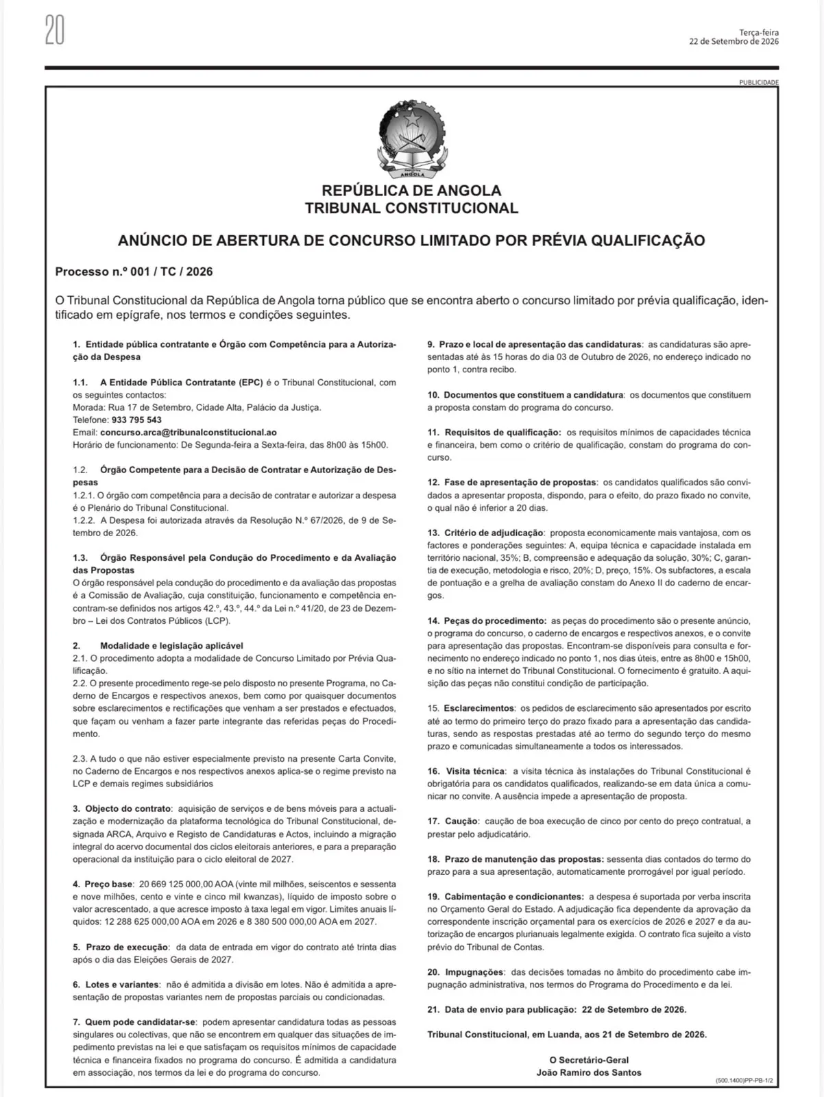 Fotografia: Tribunal Constitucional abre concurso para a preparação operacional do ciclo eleitoral de 2027