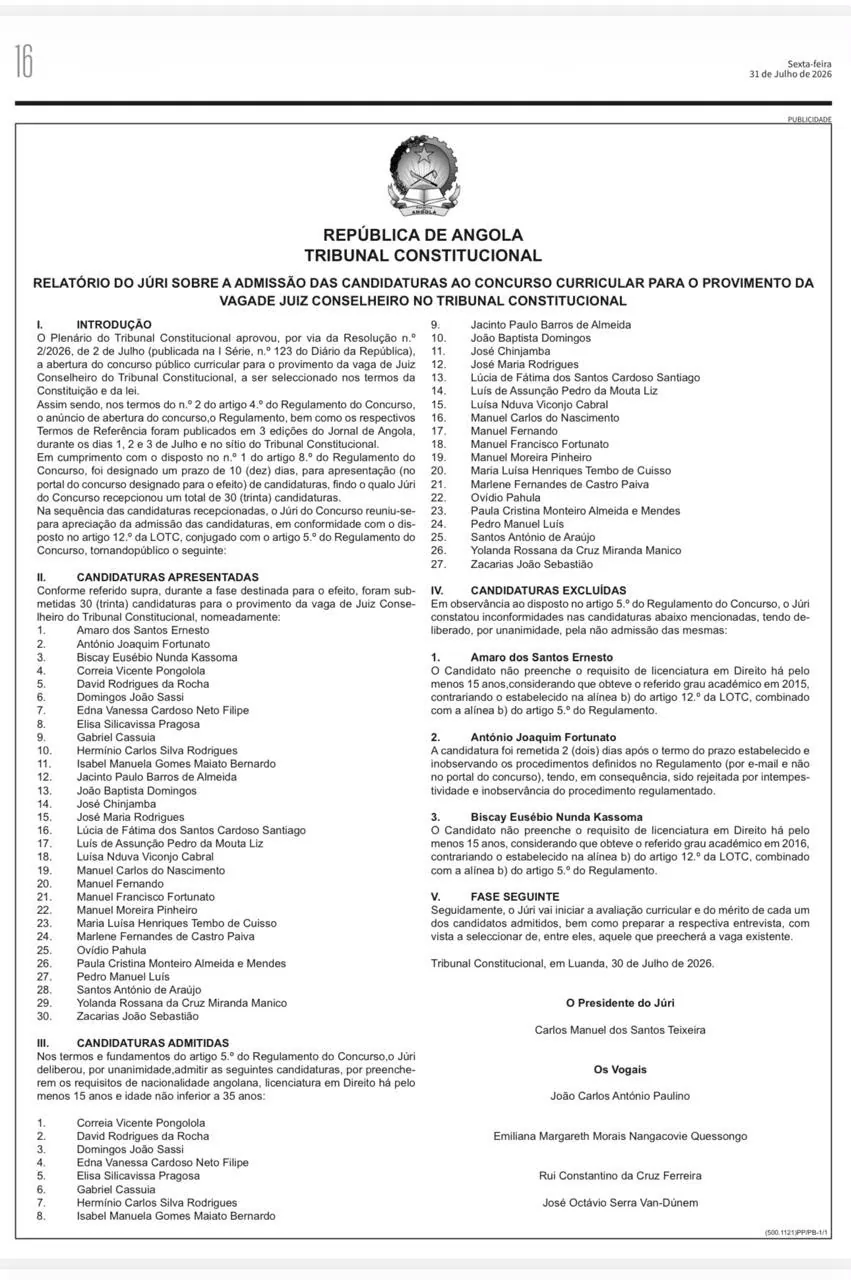 Fotografia: Concurso curricular para o provimento da vaga de Juiz Conselheiro do Tribunal Constitucional