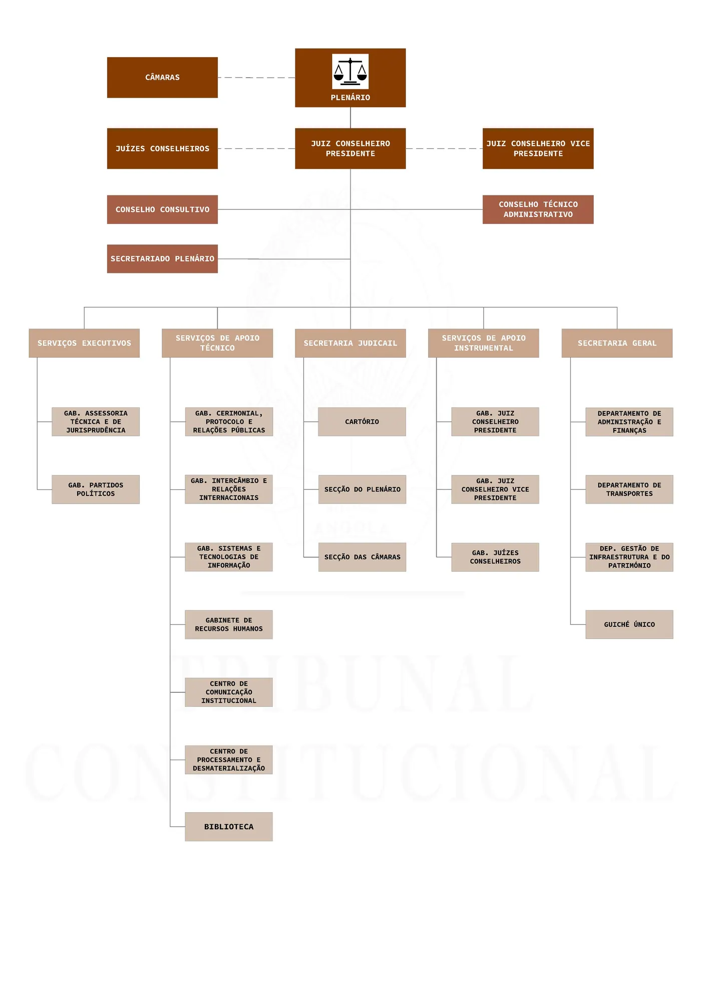 Organograma do Tribunal Constitucional (2024). Descrição em texto a seguir.