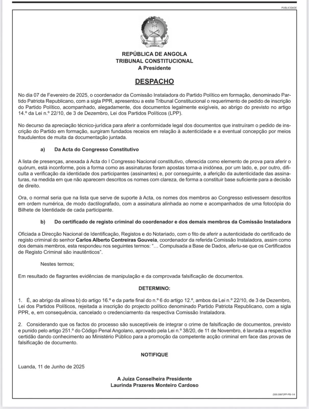 Fotografia: Rejeição da inscrição de projecto de partido político
